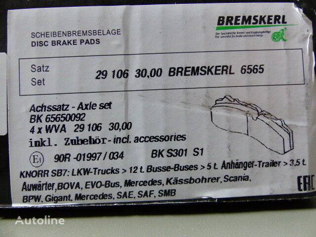 Bremsbelagsatz WVA 29106 Knorr SB 7000 65650092 kočione pločice za kamiona